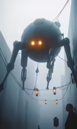 a large robot creature hangs from the ceiling