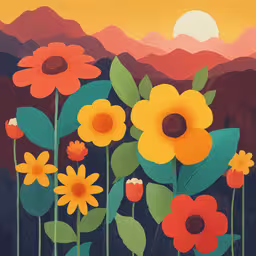 an art work depicting colorful flowers and mountains,the painting is showing bright flowers with mountains in the background