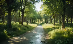 an empty road surrounded by tall trees in the middle of green grass