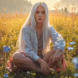a female in white dress is sitting on the grass