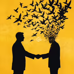 two men holding hands while standing in front of a flock of birds