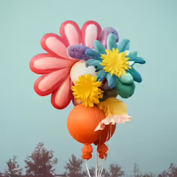 the balloon is in the air with flowers in it