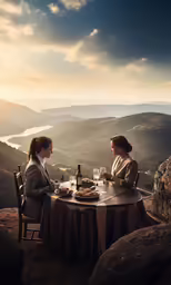 two women are sitting at the table having drinks