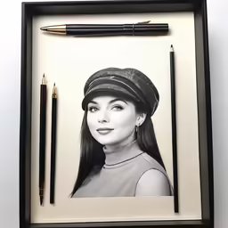 a pen and a drawing of a woman