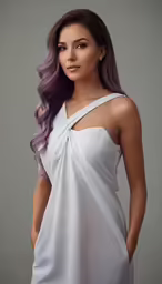 a woman wearing a white dress with purple hair