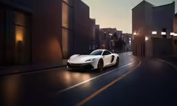 a white sport car driving down a city street