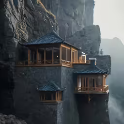 there are two people standing outside the buildings