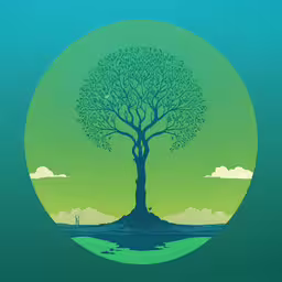 a silhouetted tree against a green and yellow circle,an abstract tree with a body of water underneath it