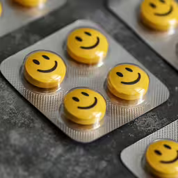 several different pills with faces drawn on them,tablets with faces on them arranged in a row