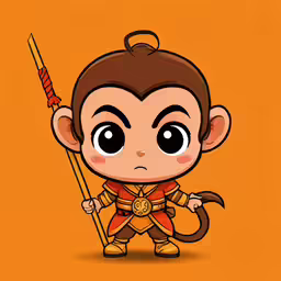 monkey with a scepttle on its head standing holding a spear