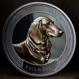 a silver coin depicting a dog wearing a leather collar