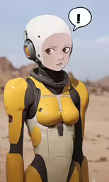 an image of a woman wearing a robot costume with a speech bubble