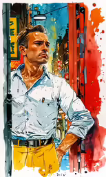 a man is wearing a white shirt and yellow pants