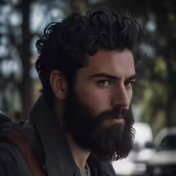 a young man with a full beard stares ahead