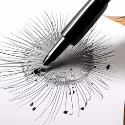 a pen resting on top of a paper and ink splattered