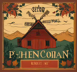 an image of an old barn and windmill,an art print featuring the name, label, and a windmill