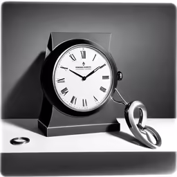 a black clock with an object on a table
