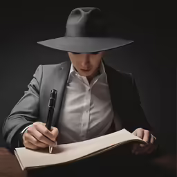 a man sitting at a table with a pen and book
