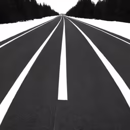 an empty road with three white lanes on it