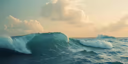 a wave breaking into the ocean with light clouds