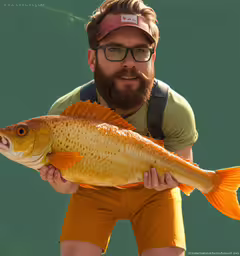 a man in orange shorts holding a big fish,a man holding a big fish by himself
