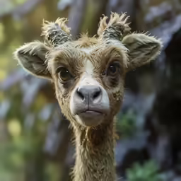 a little brown lamaa with horns standing outside