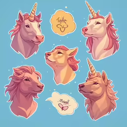 four pink unicorns and two yellow unicorn stickers on a blue background
