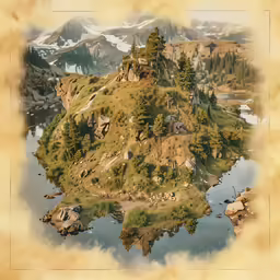 an island in a river surrounded by mountains