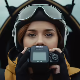 a girl wearing glasses taking a photo with her camera