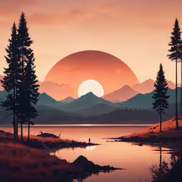 there is a painting of some hills and a lake,the sun setting in a mountainous mountain lake