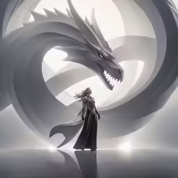 a woman standing near a dragon that is looking at it