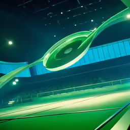 a green, circular - shaped image hangs from the ceiling above a tennis court