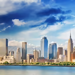 a beautiful scene of the cityscape near the lake