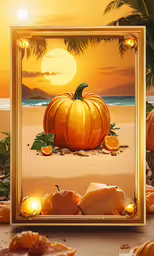 an orange is placed in front of the beach,a pumpkin with a light around it is shown