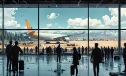 a group of people in an air port with a jumbo jet in the background