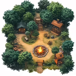 an aerial view of a tree covered area with wooden buildings