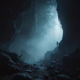 a path inside of a cave filled with large rocks and debris