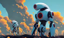 a white robot standing on top of a hill
