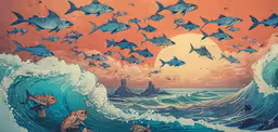 an artistic painting of an ocean scene with shark