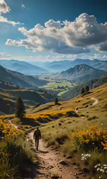 a person walking on a trail in the mountains