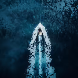 a man is standing on the edge of a pier in a dark water
