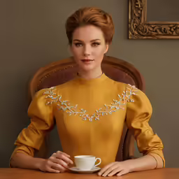 the woman is holding a coffee cup at the table