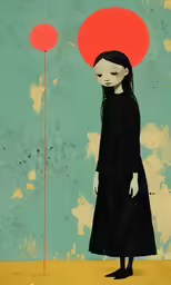 a painting with a girl in the middle of the field holding a red balloon