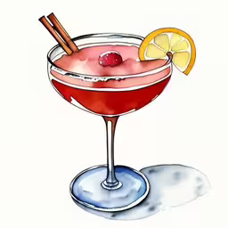 a painting of an alcoholic beverage on a table,a drink in a wine glass with garnish and a slice of lemon,a painting of an upside down coupe glass with a lemon and ice with a straw,a watercolor and ink drawing of an alcoholic cocktail,an illustration of cocktail garnished with cherries and orange