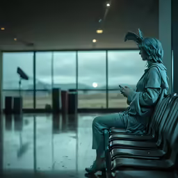 a lady sitting in a chair at an airport and looking at her phone
