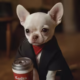 a small dog in a suit holding up a drink
