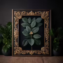 the green leaves on the framed art work are surrounded by greenery
