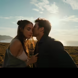 a man and woman kissing on the cheek, standing in the grass