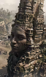a person with face and a large tower of structures in the background