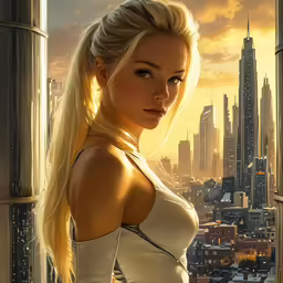 a girl in a white dress looking out of the window